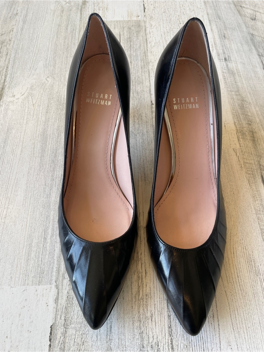 Stuart Weitzman Black Pointed Leather Pumps with Pleat Detail SZ 7.5